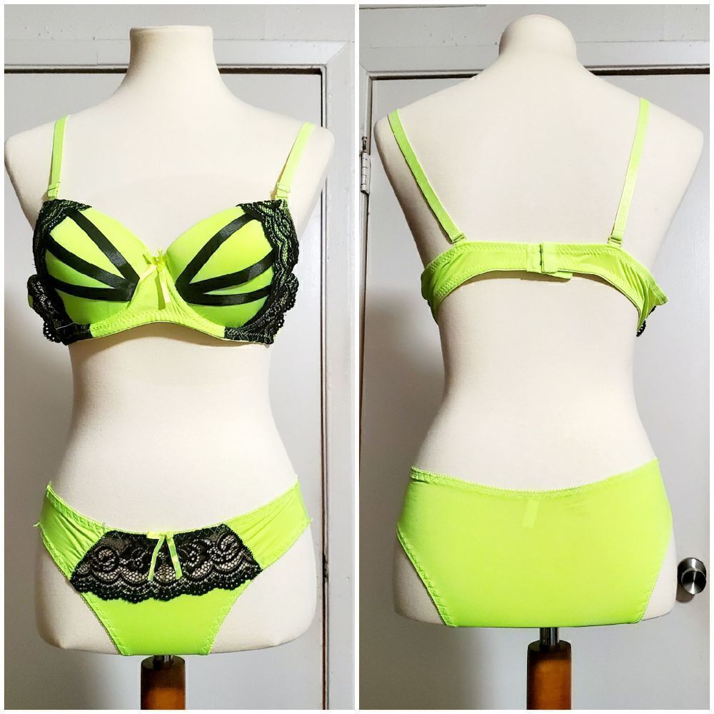 Hot Yellow-green Black Lace Lingerie Set Size Large